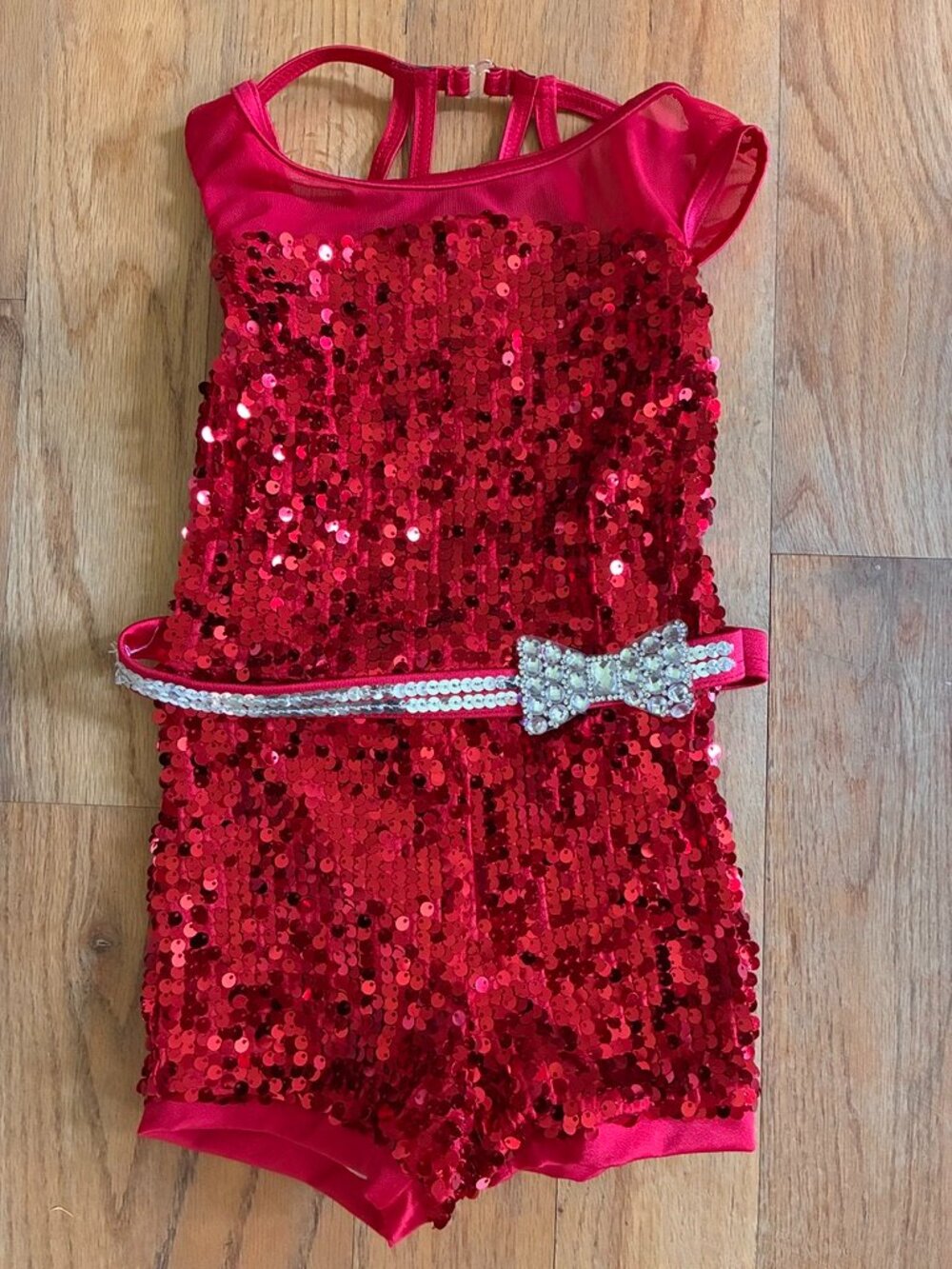 Weissman Girls Red Sequin Dance Costume Biketard Silver Belt SC